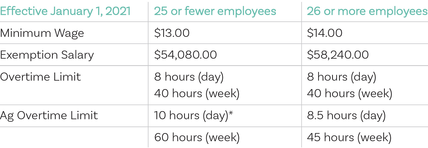 A wage, salary, and overtime chart comparing organizations under and over 25 employees